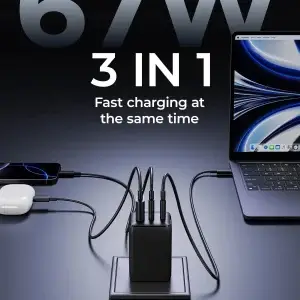 67W USB C charger 3-Port GaN Fast Compact Foldable for iPhone - Thumbnail Image 2