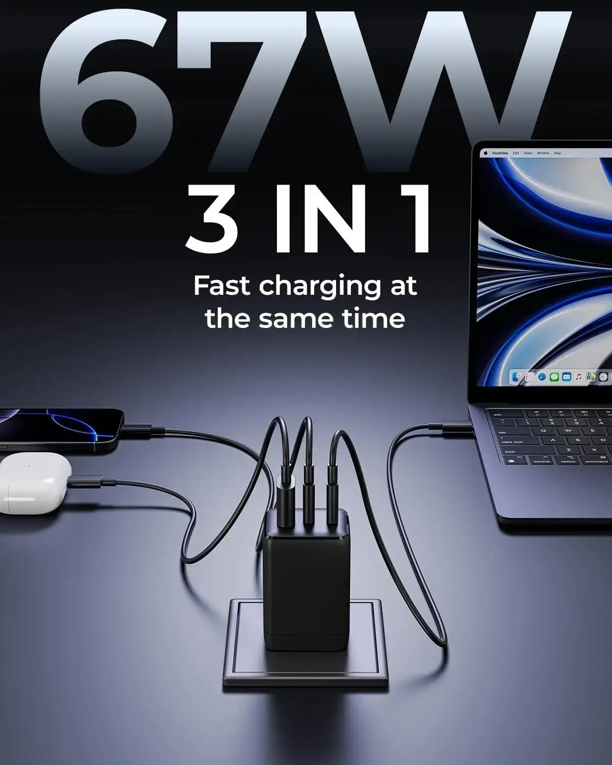67W USB C charger 3-Port GaN Fast Compact Foldable for iPhone - Image 2
