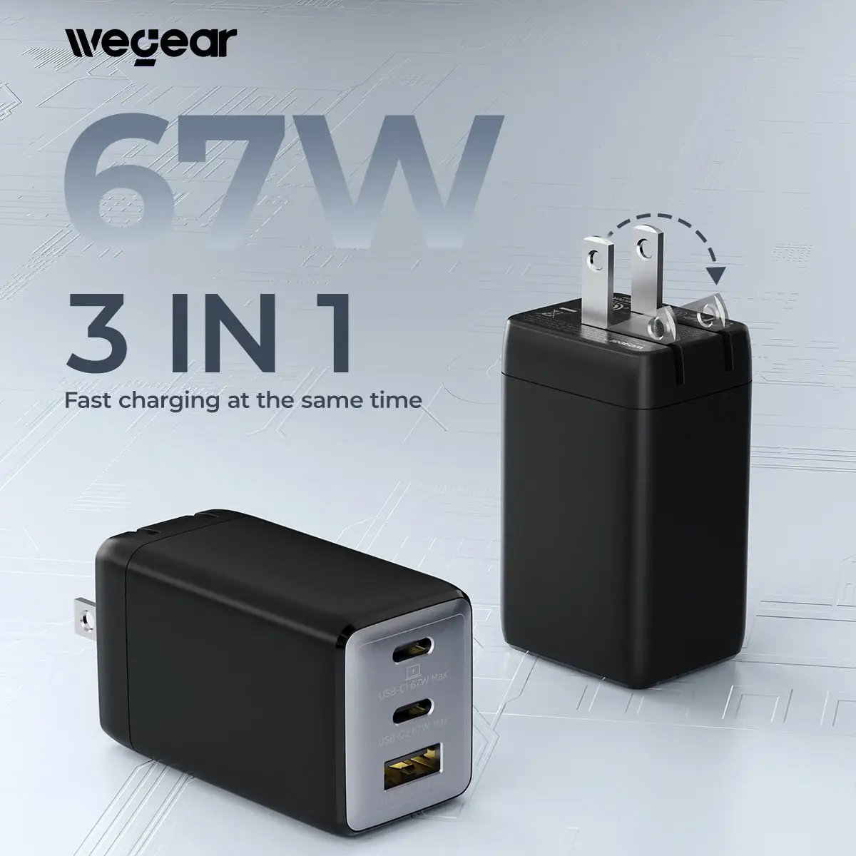 67W USB C charger 3-Port GaN Fast Compact Foldable for iPhone - Image 1